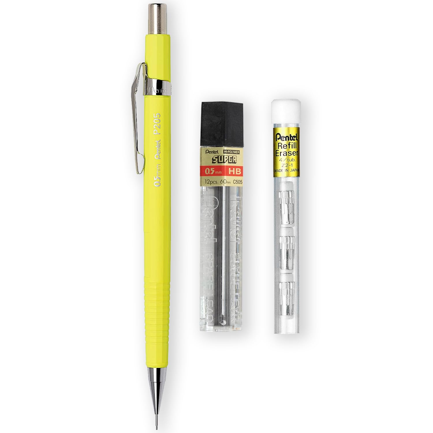 Pentel P205-97C Mechanical Automatic Pencil - Fluorescent Range - Single + 12 Hi-Polymer HB 0.5mm Refill Leads + Z2-1N Eraser Refills Tube of 4 (Fluorescent Yellow)