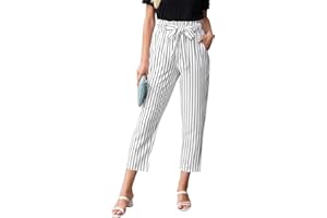 GRACE KARIN Women Pants Striped High Waist Pants Casual Paper Bag Pants with Pockets