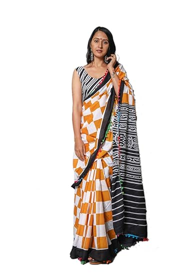 Orange Cotton Hand Block Printed Saree With Pom Pom