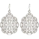 coadipress Boho Filigree Hollow Out Geometric Earrings for Women Bohemian Vintage Metallic Cutout Metal Flower Large Drop Earrings Flower Carved Long Dangle Drop Earrings Ethnic Style Party Jewelry Gifts