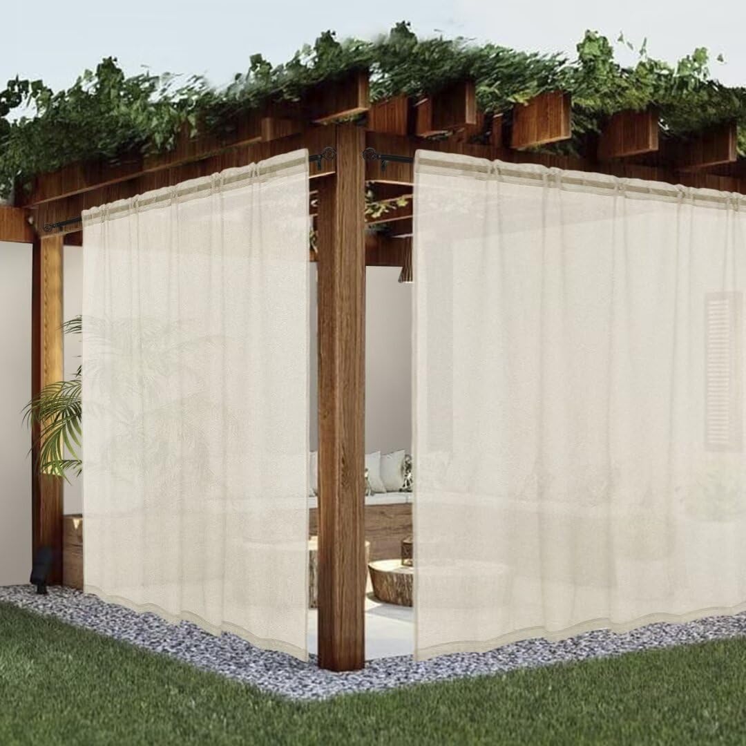 Photo 1 of youleyar Sheer Outdoor Curtains for Patio Waterproof 2 Panels Linen Look Rod Pocket Indoor Ivory Voile Curtain for Living Room, Bedroom, Porch, Pergola, Cabana, Gazebo(100x120 Inch, Ivory)