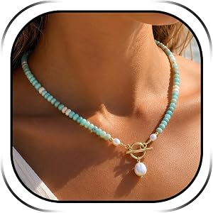 Turquoise Bead Pearl Necklace for Women Boho Jewelry Beach Vacation Summer Outfit Accessory Casual Choker Necklace