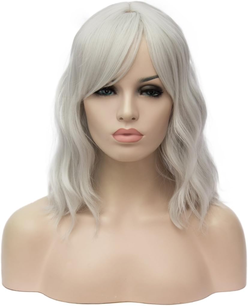 ATAYOU® Siver Grey Wigs Wavy Short Color Fashion Full Bangs Soft Touch Bob Wig Women
