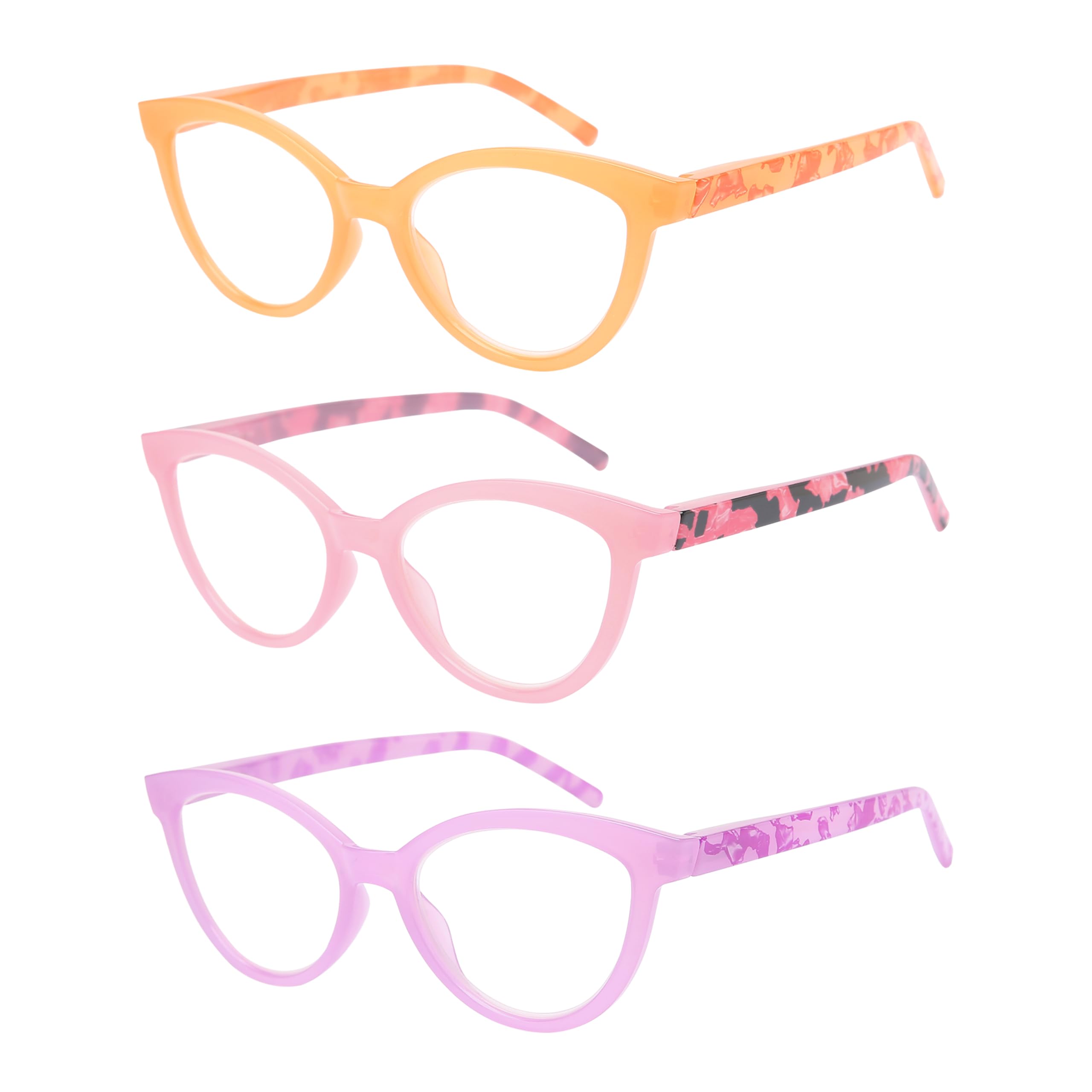 Dolarosey Reading Glasses 3 Pack Cat Eye Mixed Color Womens Clear Vision Readers Orange, Purple, Pink (2.5)