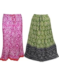 Womens Long Skirts Crinkle Bandhani Print Boho Swirling Flare Festive Skirts Lot of 2