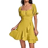 LYANER Women's Square Neck Ruffle Wrap Mini Dress Off Shoulder Flounce Short Sleeve A Line Flowy Dress