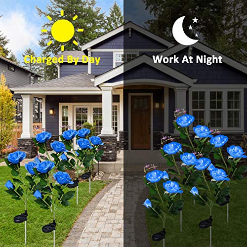 Solar Outdoor Lights, 2 Pack Garden Decor Lights Solar Powered Waterproof with 6 Roses Flowers, Garden Solar Lights Decorative Stake Lights for Garden, Courtyard, Backyard, Patio (Blue)