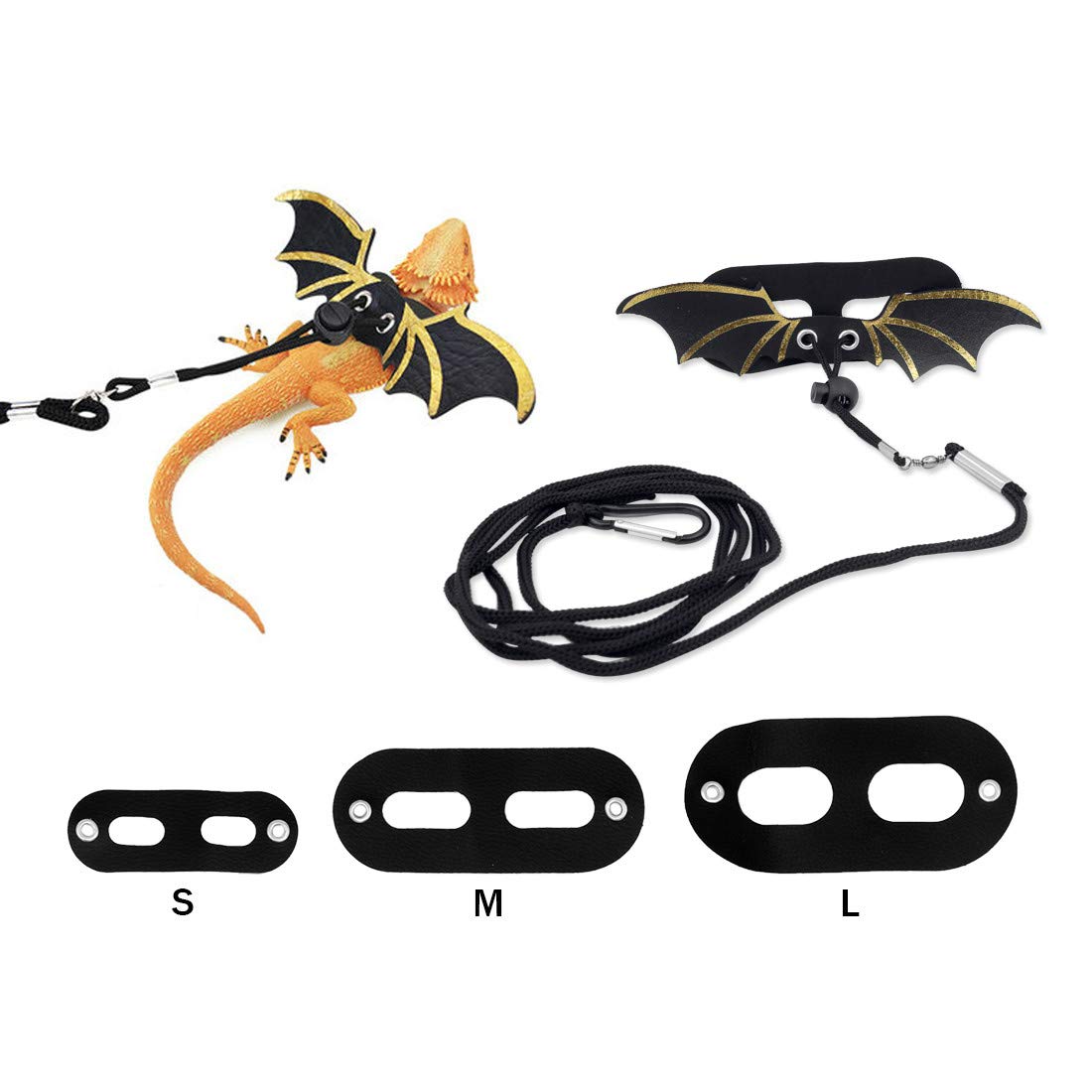 Flyan 1 Set Adjustable Lizard Leash,3 Sizes Reptile Leather Harness Bearded Dragon Rope with Cool Wings for Amphibians Chameleons Small Pet Animals