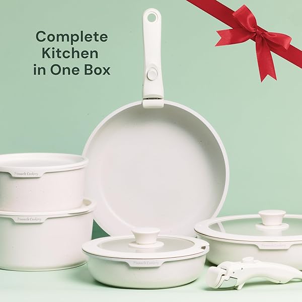 PINNACLE COOKERY 15-PIECE WHITE GRANITE NONSTICK COOKWARE SET – DETACHABLE HANDLES & TEMPERED GLASS LIDS – STACKABLE & COOL-TOUCH – INDUCTION & OVEN SAFE TO 480°F – SCRATCH-RESISTANT, PFOA & PFOS-FREE