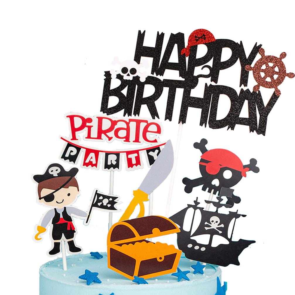 Houhounb Pirate Cake Topper Set Happy Birthday Cake Toppers Pirate Cake Topper Pirate Ship Treasure Chest Cake Topper Cupcake for Children Girls Boys Halloween Party Muffin Decoration, Pack of 13