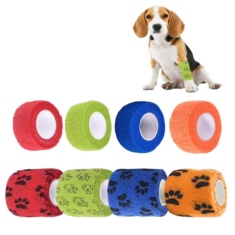 Kingrun Self Adhesive Bandage, Vet Wrap Tape for Dogs Cats, Self Adherent Cohesive Bandages Pet Elastic Wrap Bandages, 4 colors, 2.5cmx4.5m(4 rolls), 5cmx4.5m(4 rolls)