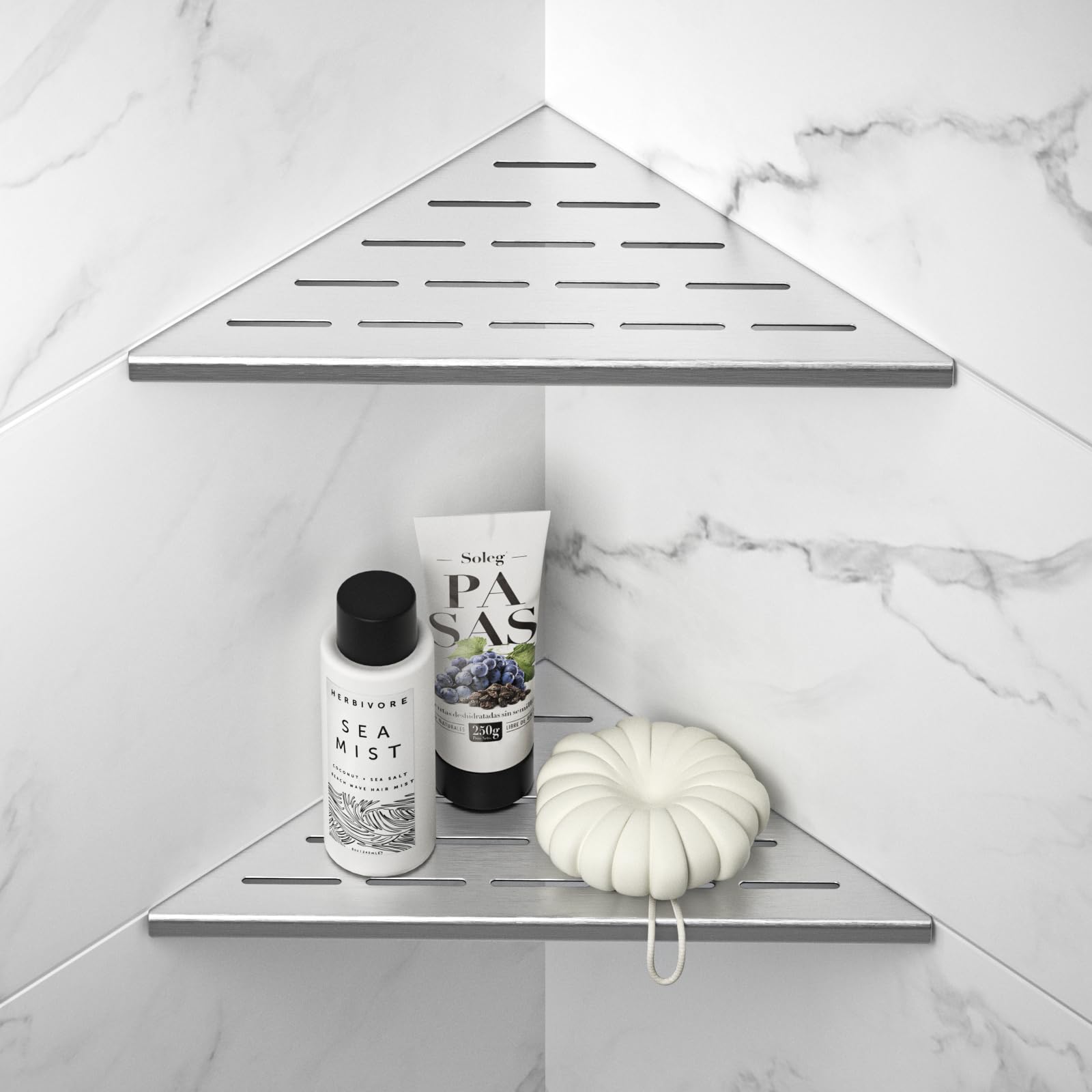 Bernkot Corner Shower Shelf 304 Stainless Steel Recessed Corner Shelves Slot Design, 10'' Bathroom Shower Shelf for Tiled Wall, No Drilling, Brushed, 2 Pack