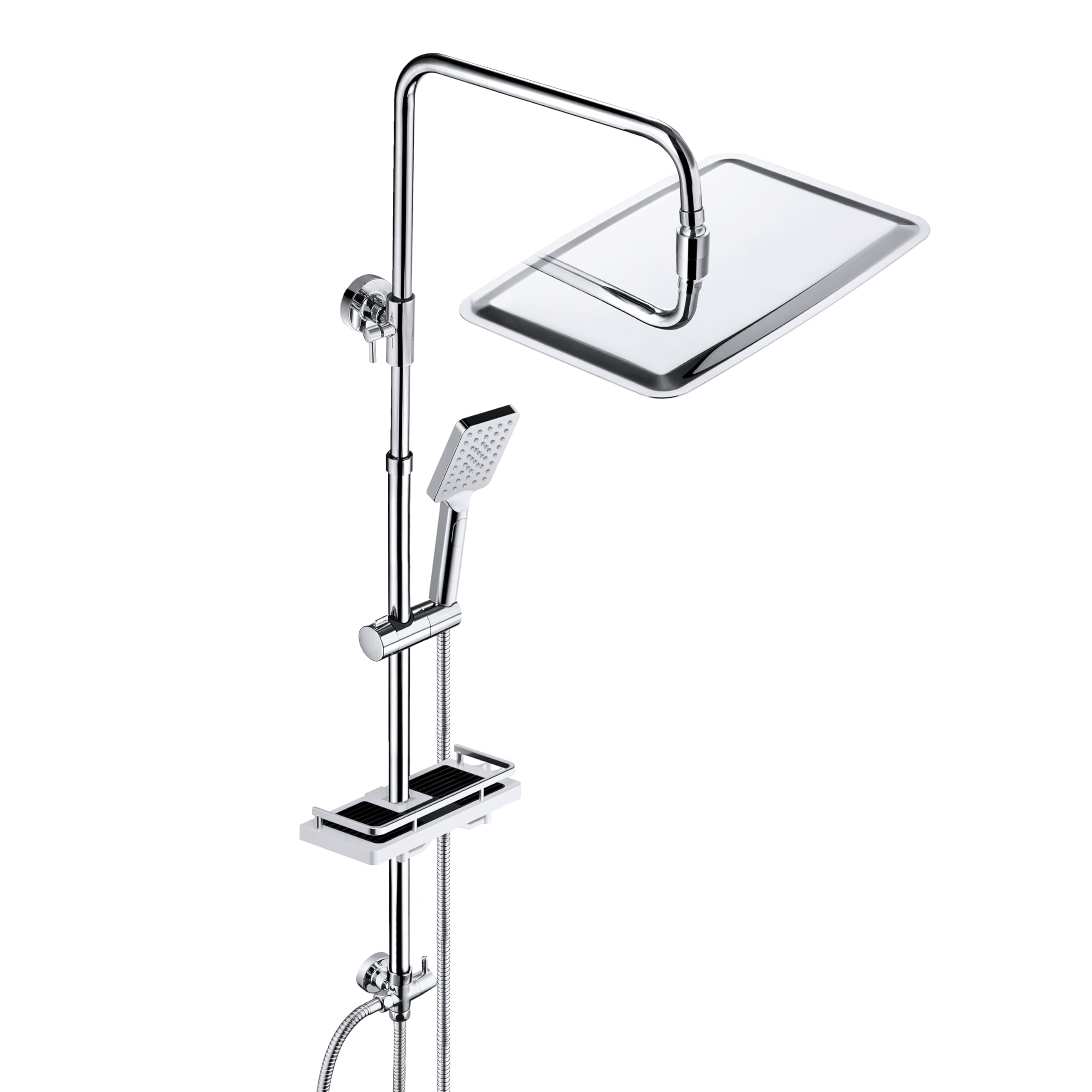 JOHO Shower System Shower Set Bathroom in SUS304 with Soap Dish Shelf Shower Bar Bracket Adjustable Height,Multifunctio Hand Shower and Shower Head Angle Adjustable Chrom 35x25cm.