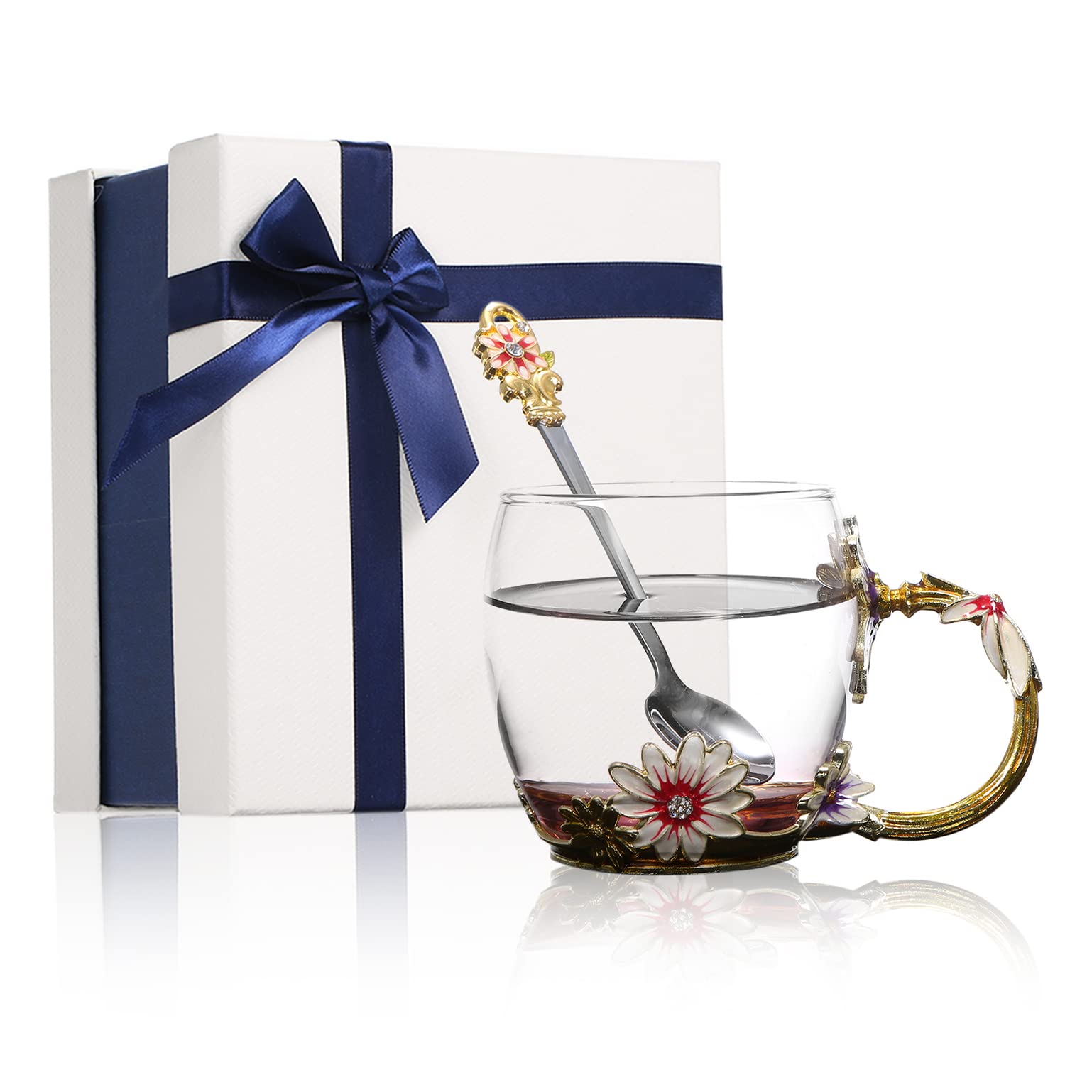 Aoresac Birthday Gifts for Women Her Mum Teacher Friends 320ML Enamel Flower Tea Cup Glass Mug with Spoon and Cleaning Cloth Set Personalised Gifts