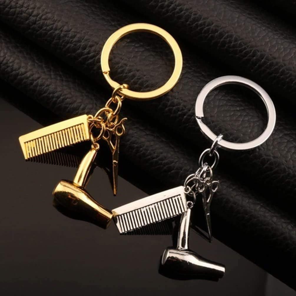 YUIP 2pcs Keychain Creative Hair Dryer Scissors Comb Pendant Keychain Keyring Gift for Hairdresser (Gold/Sliver) - Image 4