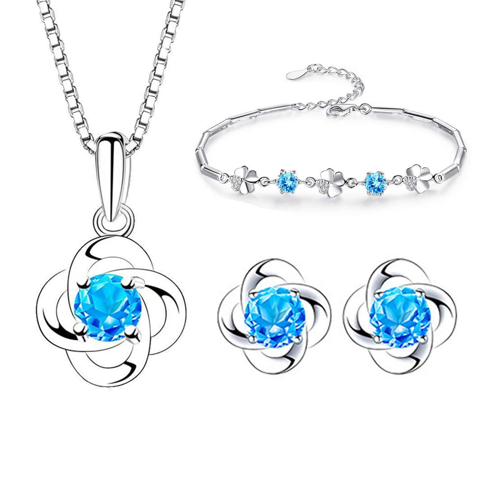Kamise Womens Jewellery Set, 925 Sterling Silver Clover Pendant Necklace & Bracelet & Stud Earrings Sets, with Blue Cubic Zirconia Crystal, Allergy Free Jewellery Set Wedding Engagement Birthday Gift