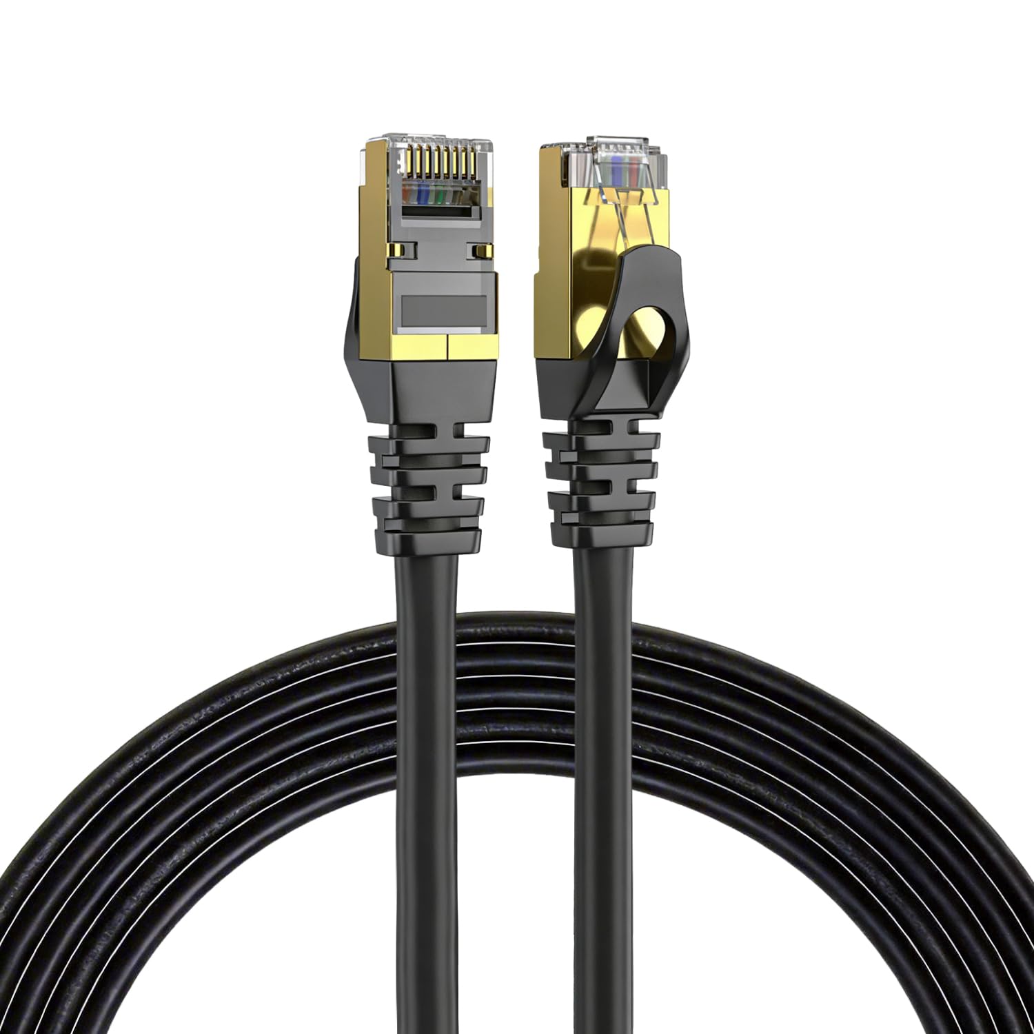 Elfcam - 12m Cat 7 RJ45 Ethernet Cable, STP 100% Copper, 10 Gbps 600 MHz, Round Shielded Network Cable, Compatible with Boxes, PCs, TVs, and Consoles – Black