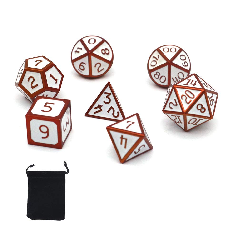 DollaTek 7 PCS Metal Dice Set DND Game Polyhedral Solid Metal D&D Dice Set with Storage Bag and Zinc Alloy with Enamel for Role Playing Game Dungeons and Dragons (Electrophoretic Orange and White)