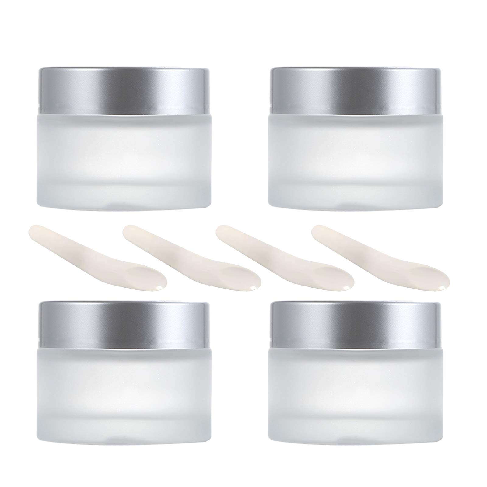 4 Pieces Empty Cosmetic Pots Glass Travel Cosmetics Container Jars with with Plastic Lids for Sample Creams, 100g / 100ml, Women Creams Make-up Sample Containers, Round, Silver