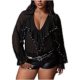 SHENHE Women's Plus Size Rivet Ruffle Chiffon Blouse Long Sleeve See Through Going Out Fall Tops