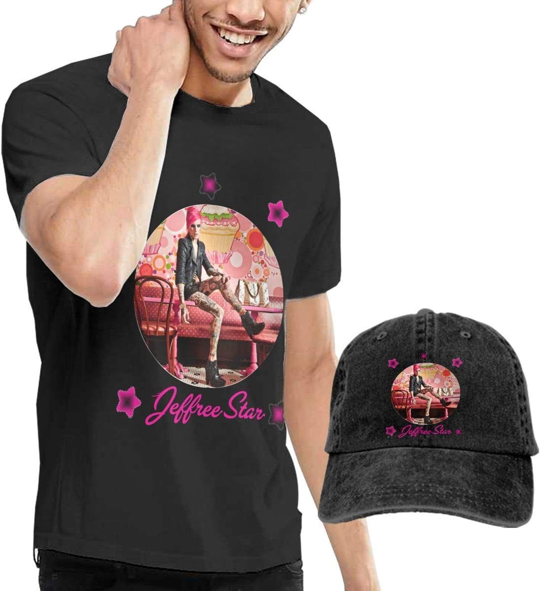 Baostic Men's Black Short Sleeve Shirts, Jeffree Beauty Blogger Star Casual T Shirt + Baseball Cap