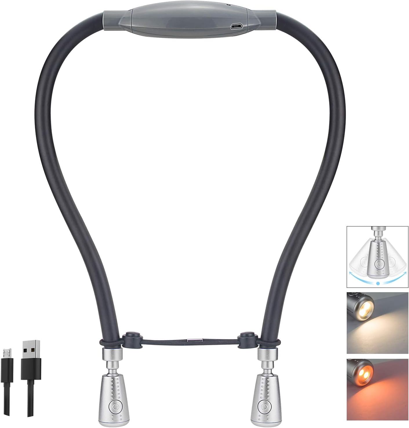 BIGLIGHT LED Neck Reading Light, USB Charging Work Reading and Learning Light, Portable Outdoor Picnic Lighting Night Light (Silver)