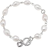 Hand Wired Freshwater Cultured Baroque Pearls Linked Heart Charm Toggle Bracelet