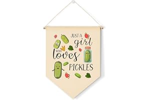 Guawubiang Canvas Hanging Flag, Hanging Pennant Flag, Pickles Theme Wall Hanging Sign, Green Pickles Decoration Gift for Girls, Just a Girl Who Loves Pickles Hanging Decor Flag