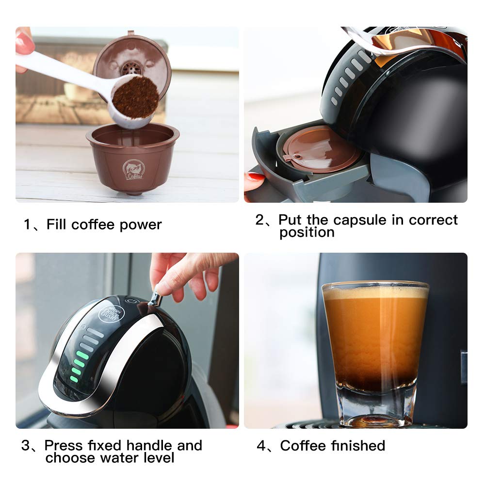 Filtros Cápsulas de Café Reutilizable Cápsula 3pcs con 1 Cucharón de  Plástico Generación 4 Cápsulas para Cafetera Dolce Gusto Recargables más de  300 usos para Reemplazo 1 Cepillo de Limpieza Hogar y