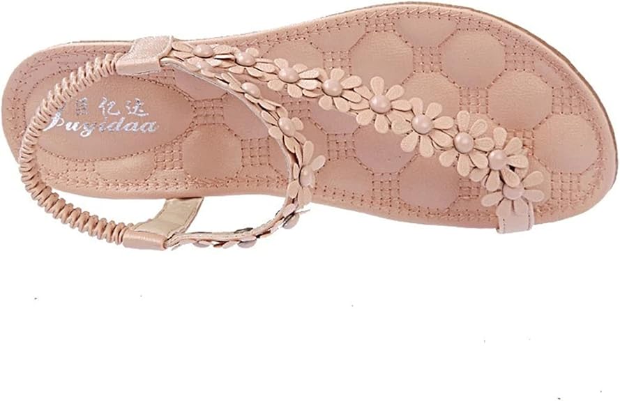 Women Flat Sandals for Summer Bohemia Flowers with TStrap Soft Bottom Elastic Ankle Strap