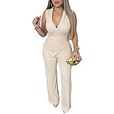 CHICME Women's Sleeveless Deep V Neck Ribbed Two Piece Outfits Wrap Style Top with Wide Leg Pants Set Party Evening Outfit