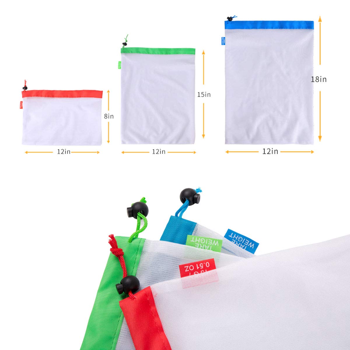 POWERbeast Reusable Grocery Bags Eco Friendly Washable Produce Mesh Bags with Drawstrings for Shopping & Storage Fruit Vegetable and Toys,Set of 12