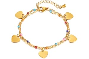 Balaijor Fashion Colorful 18K Gold Plated Stainless Steel Hearts Charm Link Chain Bracelet