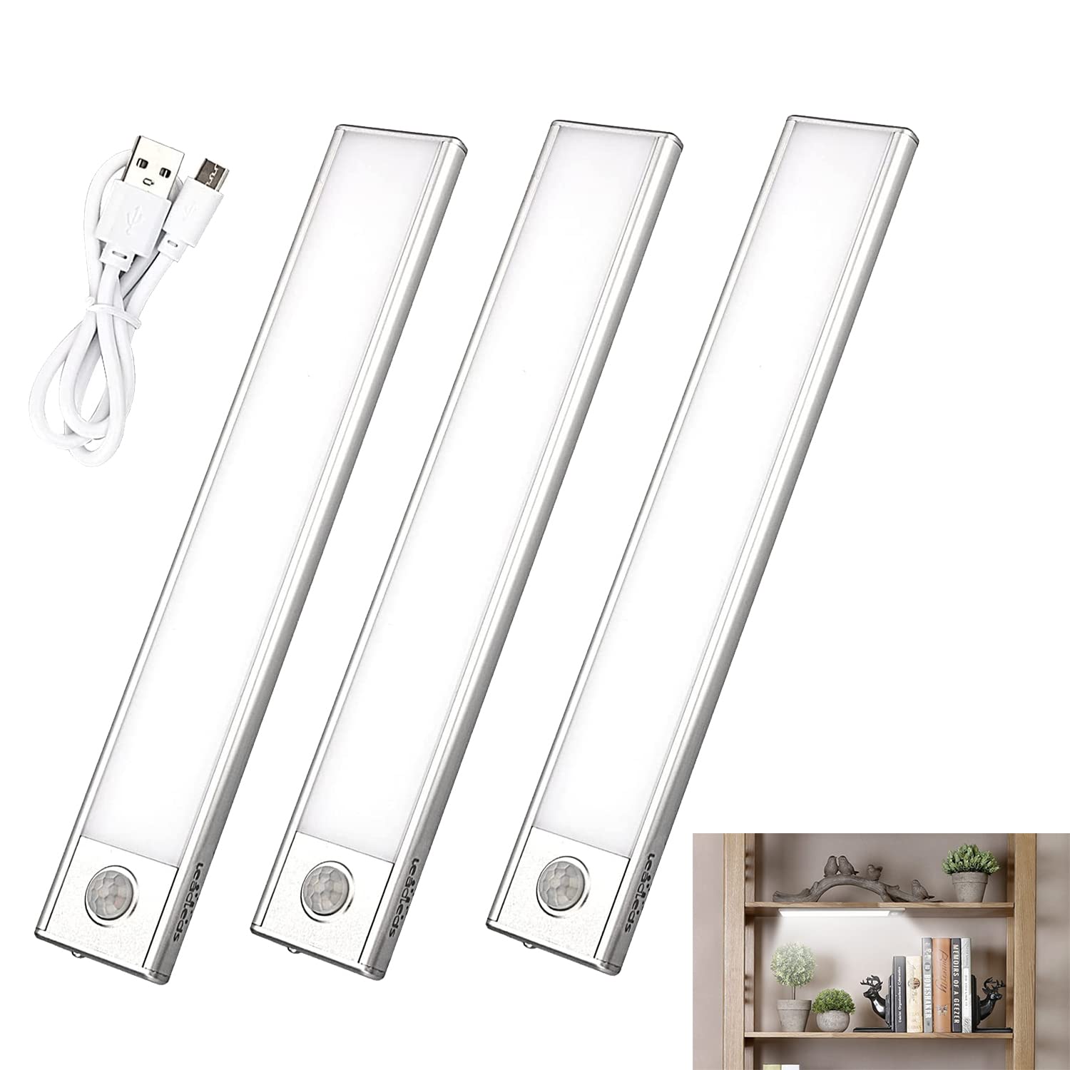 Leadleds 3-Pack USB Rechargeable LED Motion Sensor Lights Stick-on Anywhere Portable Closet Cabinet LED Night Light Wall Light Stairs Light Step Light Bar