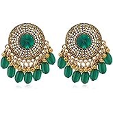 Boho Round Ball Tassel Dangle Earrings for Women Gold Tone Indian Jhumka Green CZ Charms Statement Drop Dangling Ethnic Traditional Christmas Wedding Party Jewelry Gifts
