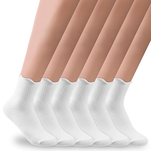 IANFAN 6 Pairs Ruffle Socks for Women, White Ruffle Socks Soft Breathable Cotton Socks Cute Frilly Ankle Socks for Women Girls
