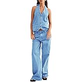 Fisoew Women's Two Piece Denim Set Button Down Backless Tank Top and Wide Leg Jeans 2 Piece Outfit Suit