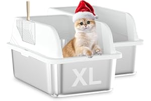 TSAYAWA 2PACK Stainless Steel Cat Litter Box with High Sides Enclosure, Extra Large 23.62x15.75x12 inches, Easy Clean Non-Stick, Open Top,Includes lid Cat Scoop