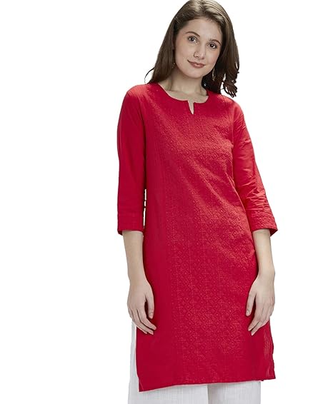 Women's V-Neck Viscose Embroidered Kurta (X-Large, Red, LECK-4201-CPEK-42-A-SLD-KTF, XL, RED)
