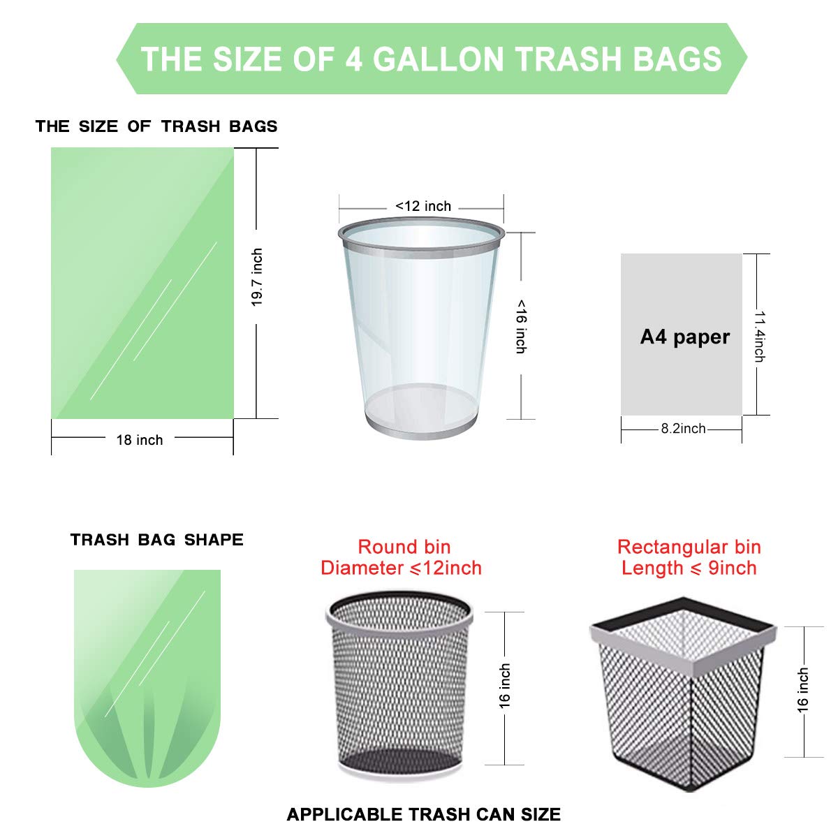 Biodegradable Garbage Bags,4-6 Gallon Small Trash Bags,100 Counts Small Garbage Bags Leak Proof Compostable Bags Wastebasket Liners for Office,Home,Bathroom,Bedroom,Car,Kitchen,Pet(Green+Black)