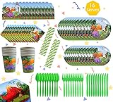 145 Pack Dinosaur Party Supplies Set Serves 16，Dinosaur Birthday Packs Including Flatware，Spoons , Plates , tablecloth，Cups，Straws，Napkins，invitation cards，Perfect Dinosaur Party Favor Pack Set for Kids Girl Boy Baby