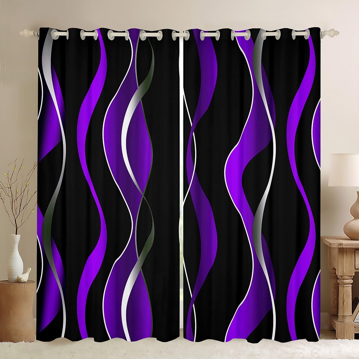 Homemissing Purple Grey and Black Stripe Blackout Curtains(30%-50%) Geometric Ombre Window Curtains Kids toddler Swirl Lines Window Dreapes Pastel Gradient Stripes Window Treatments W46*L54