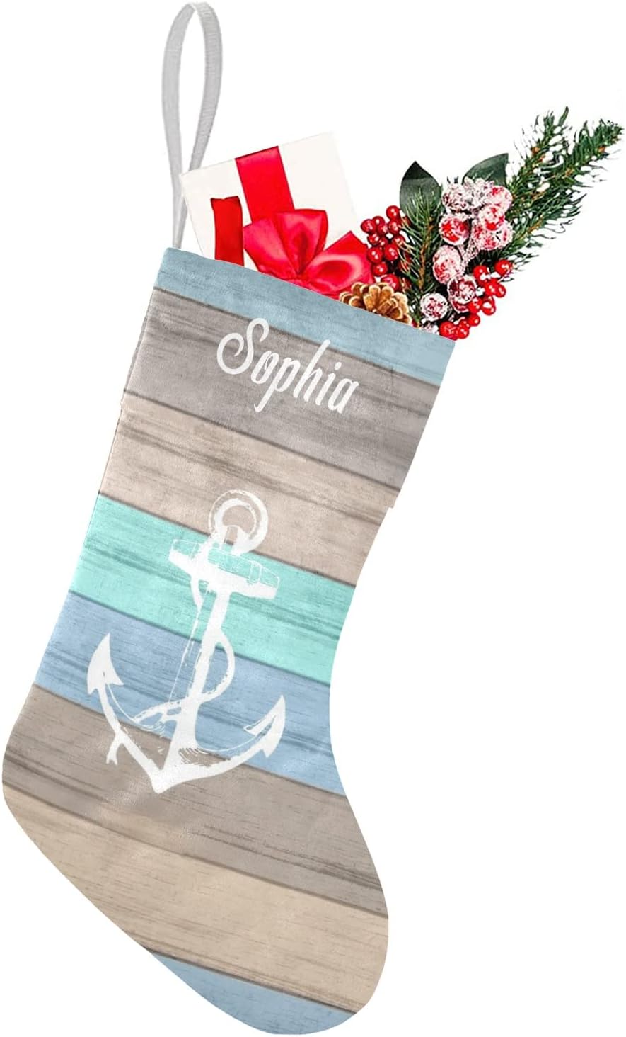 Stockings & Holders - Personalized Rustic Beach Wood Nautical Stripes Christmas Stockings with Name Custom Xmas Gift Fleece Holiday Decoration Gift 17.52 x 7.87 Inch