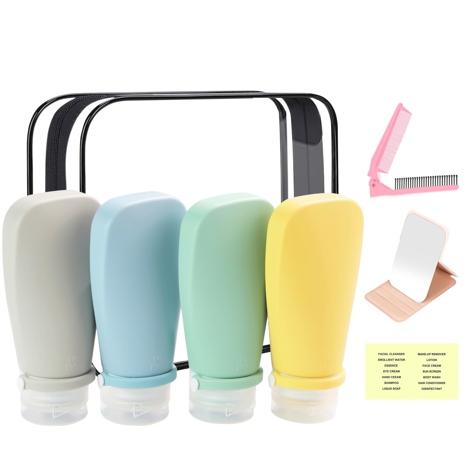 HEYMKGO Silicone Travel Bottles for Toiletries, 90ml Travel Containers Set with Labels Includes Mirror and Foldable Comb, Refillable Travel Kit Squeeze Empty Bottles for Shampoo Conditioner Shower Gel