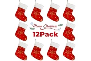 GlyinnHe 12Pack Christmas Mini Stockings, 7 inches Xmas Stocking with Glitter Snowflake Classic Stocking Decorations for Christmas Tree Ornament Decorations Gift Holder (Red)
