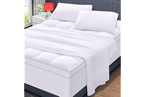 MASVIS Mattress Topper with Flat Sheet and Pillowcases - Queen Size Extra Thick Mattress Pad Cover for Back Pain - Soft Bedding Sheet - Overfilled Plush Pillow Top with 8-21 Inch Deep Pocket - White