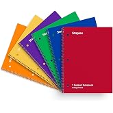 Staples 1-Subject Spiral Notebook, 8x10.5 Inch, College Ruled, 6-Pack | 70 sheets per notebook, assorted colors, for school and office use.