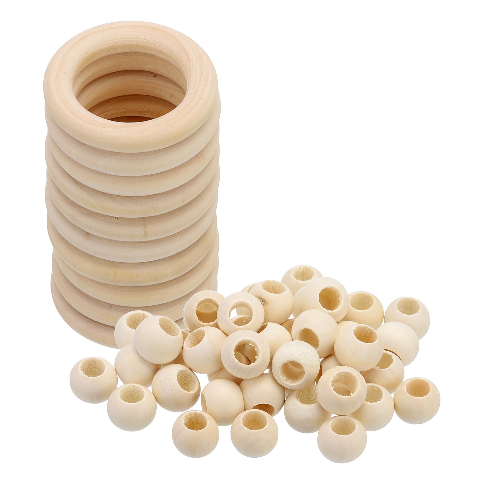 PATIKIL Natural Wood Rings and Unfinished Wooden Beads Set, 10Pcs 40mm Wood Hoop & 30Pcs 20mm Wood Color Round Loose Beads for DIY Pendant Connectors Jewelry Making Macrame Wall — image 1