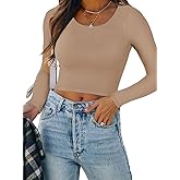 REORIA Women's Basic Casual Long Sleeve Crew Neck Double Lined Tight T Shirts Crop Tops Basic Tee Tops