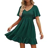 LILLUSORY Women's Flowy Casual Mini Dresses 2026 Summer Graduation Smocked V Neck Vacation Dress Dress with Pockets
